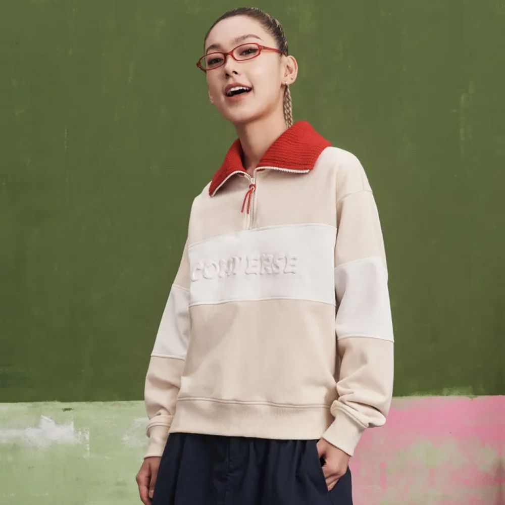  【CONVERSE】YOTD HALF-ZIP CREW 長袖POLO 女 CNY龍年限定 米白紅_10026812-A01