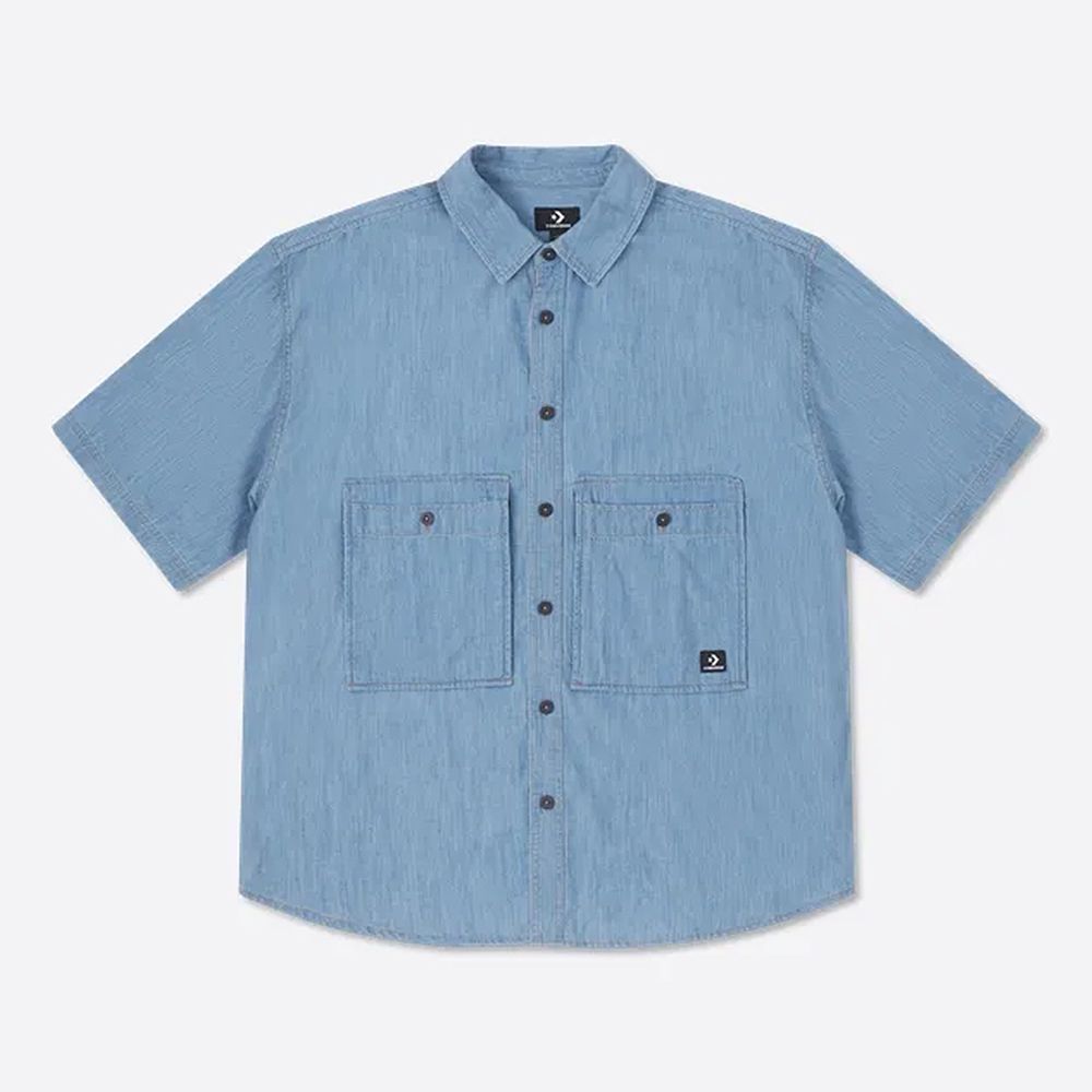  【CONVERSE】DENIM WORDMARK UTILITY SHIRT 短袖襯衫 牛仔襯衫 男 藍色_10027158-A01