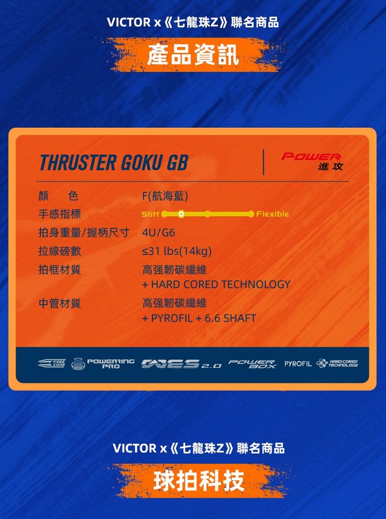 VICTORx七龍珠Z》聯名商品產品資訊THRUSTER GOKU GB進攻顏 色F航海藍)手感指標StiffFlexible拍身重量/握柄尺寸 4U/G6拉線磅數≤31 lbs(14kg)拍框材質高碳纖維 HARD CORED TECHNOLOGY中管材質高碳纖維+PYROFIL+6.6 SHAFTPRO  2.0PYROFILHARDCOREDTECHNOLOGYVICTORx《七龍珠Z》聯名商品球拍科技