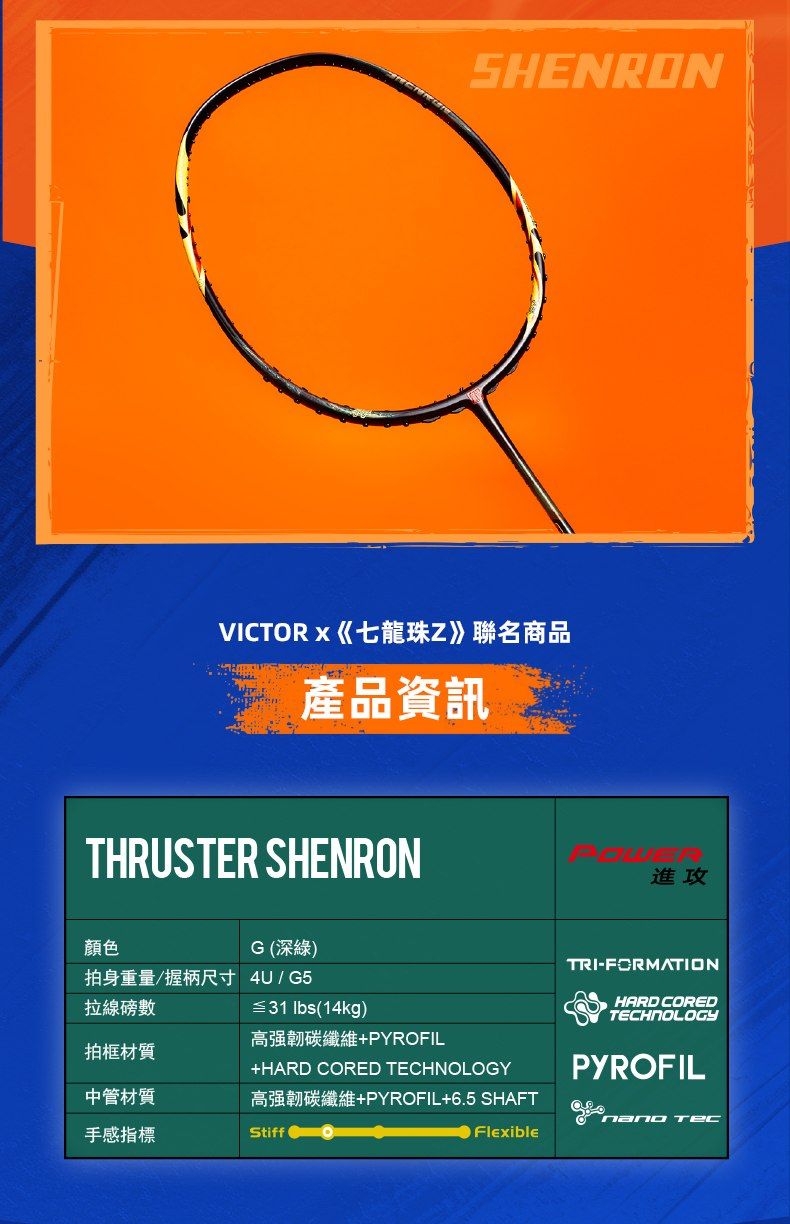 SHENRONVICTORx《七龍珠Z》聯名商品產品資訊THRUSTER SHENRON進攻顏色G (深綠)TRI-FORMATION拍身重量/握柄尺寸 4U / G5拉線磅數≦31 (14kg) HARDCOREDTECHNOLOGY高碳纖維+PYROFIL拍框材質+HARD CORED TECHNOLOGYPYROFIL中管材質高強韌碳纖維+PYROFIL+6.5 SHAFT 手感指標StiffFlexible