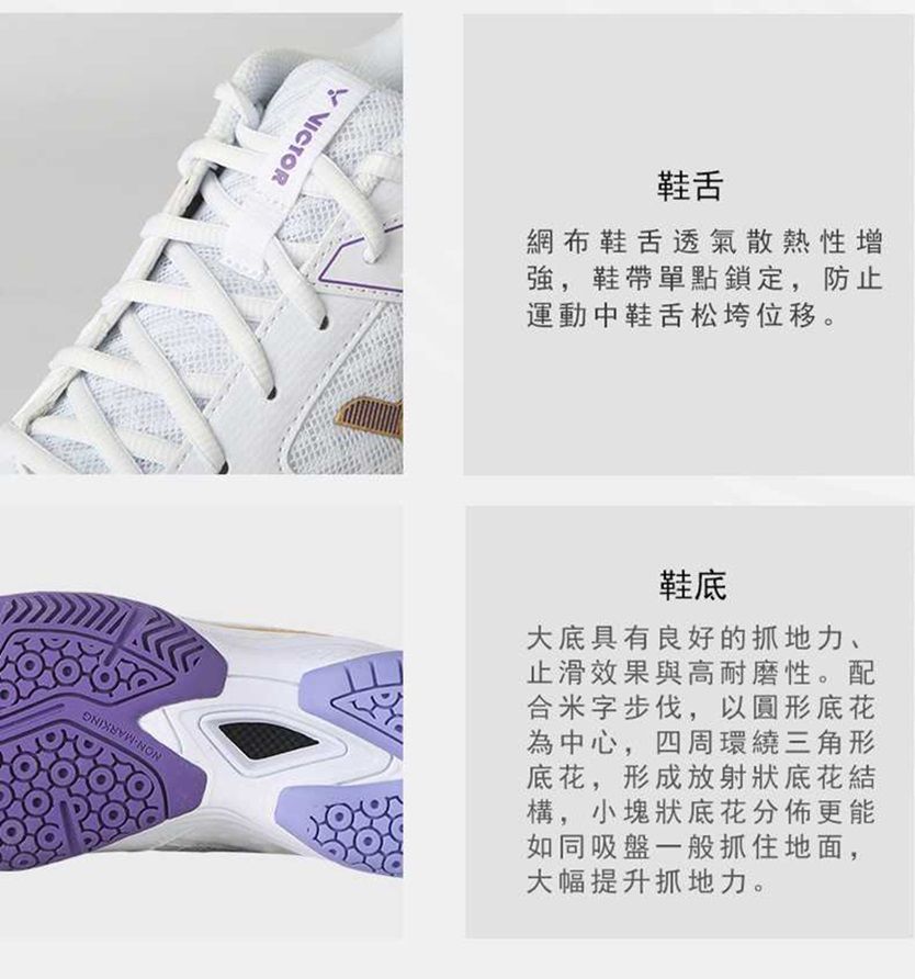 VICTOR鞋舌網布鞋舌透氣散熱性增強,鞋帶單點鎖定,防止運動中鞋舌松垮位移。鞋底大底具有良好的抓地力、止滑效果與高耐磨性。配合米字步伐,以圓形底花為中心,四周環繞三角形底花,形成放射狀底花結構,小塊狀底花分佈更能如同吸盤一般抓住地面,大幅提升抓地力。