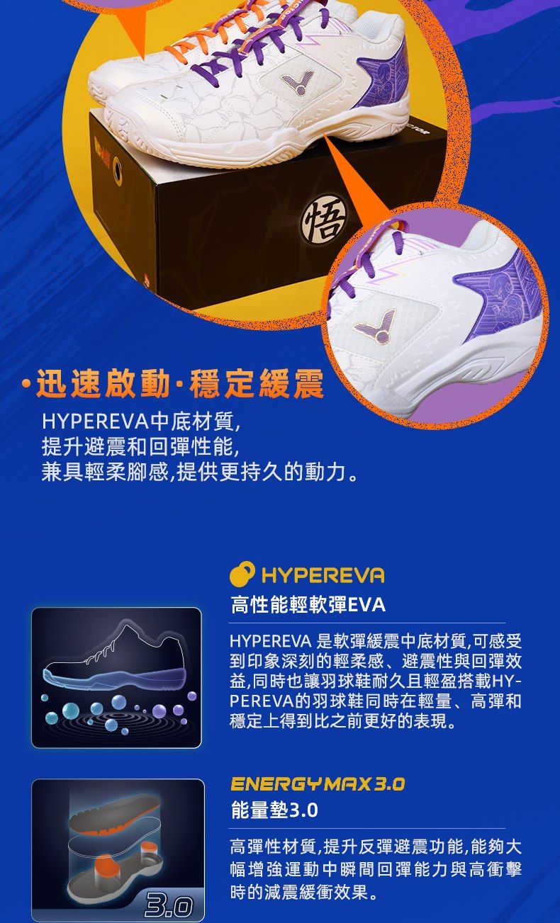 ·迅速啟動·穩定緩震HYPEREVA中底材質,提升避震和回彈性能,兼具輕柔腳感,提供更持久的動力。3.0HYPEREVA高性能輕軟彈EVAHYPEREVA 是軟彈緩震中底材質,可感受到印象深刻的輕柔感、避震性與回彈效益,同時也讓羽球鞋耐久且輕盈搭載HY-PEREVA的羽球鞋同時在輕量、高彈和穩定上得到比之前更好的表現。ENERGY MAX 3.0能量墊3.0高彈性材質,提升反彈避震功能,能夠大幅增強運動中瞬間回彈能力與高衝擊時的減震緩衝效果。