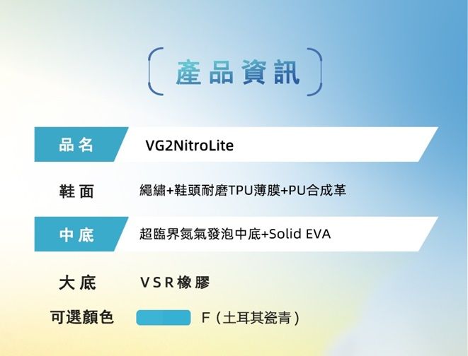 品名產品資訊VG2NitroLite鞋面繩繡+鞋頭耐磨TPU薄膜+PU合成革中底超臨界氮氣發泡中底+Solid EVA大底VSR橡膠可選顏色F(土耳其瓷青)