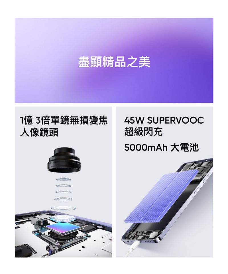 盡顯精品之美1億3倍單鏡無損變焦人像鏡頭45W SUPERVOOC超級閃充5000mAh 大電池