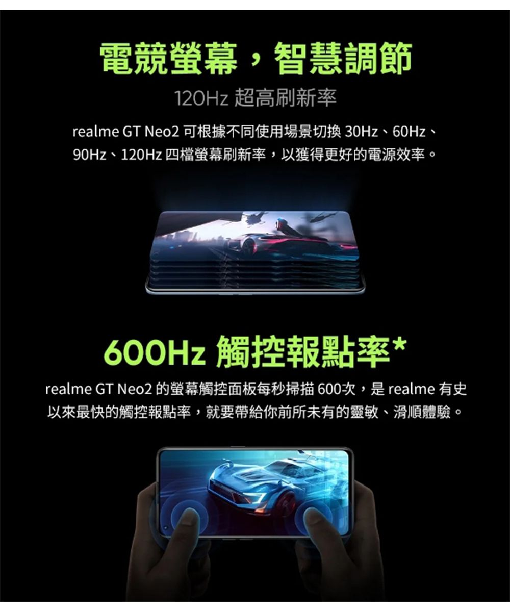 電競螢幕,智慧調節120Hz 超高刷新率realme GT Neo2 可根據不同使用場景切換 30Hz、60Hz、90Hz、120Hz 四檔螢幕刷新率,以獲得更好的電源效率。 觸控報點率*realme GT Neo2 的螢幕觸控面板每秒掃描600次,是realme 有史以來最快的觸控報點率,就要帶給你前所未有的靈敏、滑順體驗。