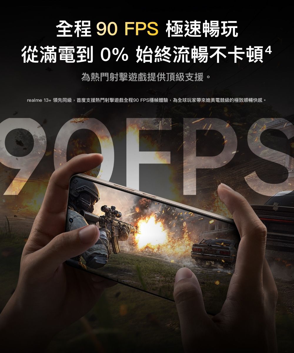 全程 90 FPS 極速暢玩從滿電到 0% 始終流暢不卡頓為熱門射擊遊戲提供頂級支援。realme 13+領先同級,首度支援熱門射擊遊戲全程90 FPS穩幀體驗,為全球玩家帶來媲美電競級的極致順暢快感。