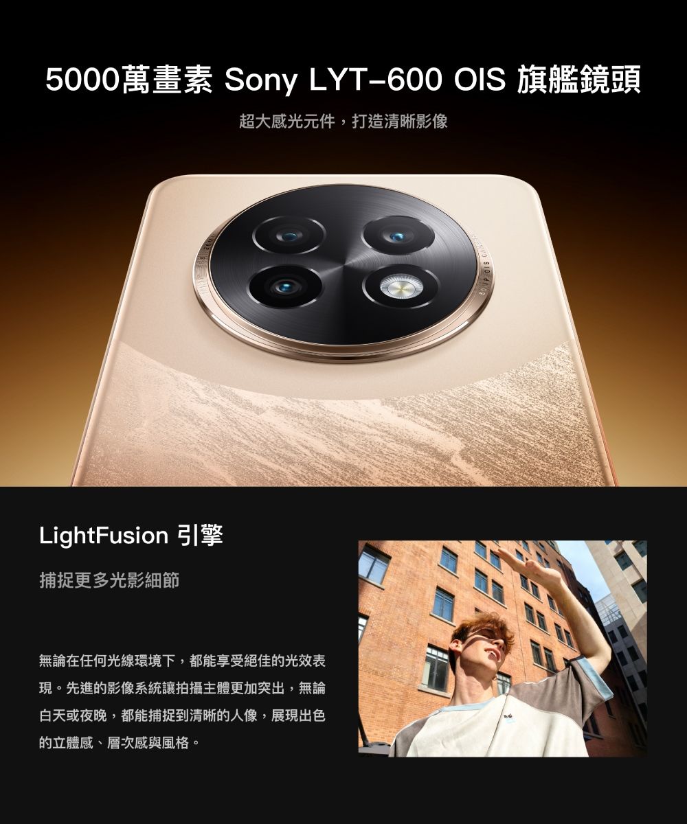 5000萬畫素 Sony LYT600 OIS 旗艦鏡頭超大感光元件,打造清晰影像LightFusion 引擎捕捉更多光影細節無論在任何光線環境下,都能享受絕佳的光效表現。先進的影像系統讓拍攝主體更加突出,無論白天或夜晚,都能捕捉到清晰的人像,展現出色的立體感、層次感與風格。