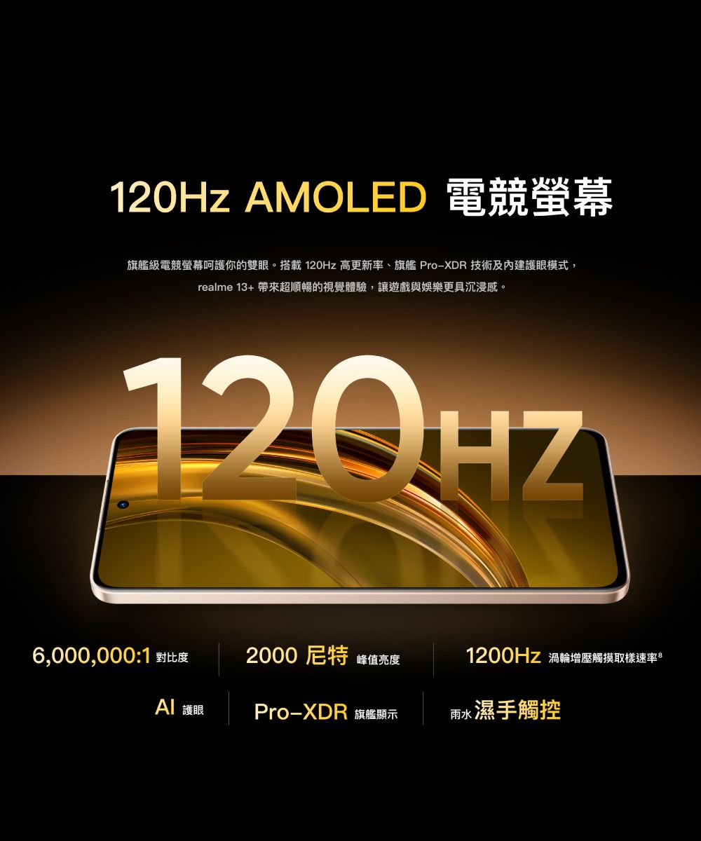 120Hz AMOLED 電競螢幕旗艦級電競螢幕呵護你的雙眼。搭載 120Hz 高更新率、旗艦 Pro-XDR 技術及護眼模式,realme 13+ 帶來超順暢的視覺體驗,讓遊戲與娛樂更具沉浸感。120HZ6,000,000:1 對比度2000 峰值亮度1200Hz 渦輪增壓觸摸取樣速率 護眼Pro-XDR 雨水濕手觸控