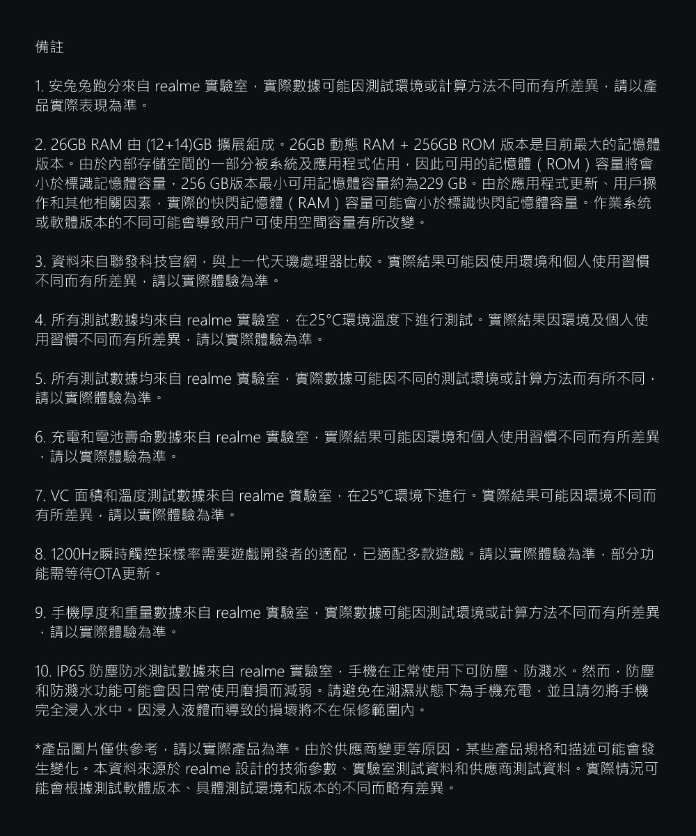 備註1. 安兔兔跑分 realme 實驗室實際數據可能因測試環境或計算方法不同而有所差異請以產品實際表現為準。2. 26GB RAM 由 (12+14)GB 擴展組成。26GB 動態 RAM+256GB ROM 版本是目前最大的記憶體版本。由於內部存儲空間的一部分被系統及應用程式佔用因此可用的記憶體 ( ROM ) 容量將會小於標識記憶體容量,256GB版本最小可用記憶體容量約為229 GB。由於應用程式更新、用戶操作和其他相關因素,實際的快閃記憶體 ( RAM )容量可能會小於標識快閃記憶體容量。作業系统或軟體版本的不同可能會導致用户可使用空間容量有所改變。 資料聯發科技官網,與上一代天處理器比較。實際結果可能因使用環境和個人使用習慣不同而有所差異,請以實際體驗為準。4. 所有測試數據均 realme 實驗室,在25℃環境溫度下進行測試。實際結果因環境及個人使用習慣不同而有所差異,請以實際體驗為準。5. 所有測試數據均 realme 實驗室,實際數據可能因不同的測試環境或計算方法而有所不同,請以實際體驗為準。6. 充電和電池壽命數據來自 realme 實驗室,實際結果可能因環境和個人使用習慣不同而有所差異,請以實際體驗為準。7. VC 面積和溫度測試數據來自 realme 實驗室,在25℃環境下進行。實際結果可能因環境不同而有所差異,請以實際體驗為準。8. 1200Hz瞬時觸控採樣率需要遊戲開發者的適配,已適配多款遊戲。請以實際體驗為準,部分功能需等待OTA更新。9. 手機厚度和重量數據來自 realme 實驗室,實際數據可能因測試環境或計算方法不同而有所差異,請以實際體驗為準。10. IP65 防塵防水測試數據來自 realme 實驗室,手機在正常使用下可防塵、防濺水。然而,防塵和防濺水功能可能會因日常使用磨損而減弱。請避免在潮濕狀態下為手機充電,並且請勿將手機完全浸入水中。因浸入液體而導致的損壞將不在保修範圍內。*產品圖片僅供參考,請以實際產品為準。由於供應商變更等原因,某些產品規格和描述可能會發生變化。本資料來源於 realme 設計的技術參數、實驗室測試資料和供應商測試資料。實際情況可能會根據測試軟體版本、具體測試環境和版本的不同而略有差異。