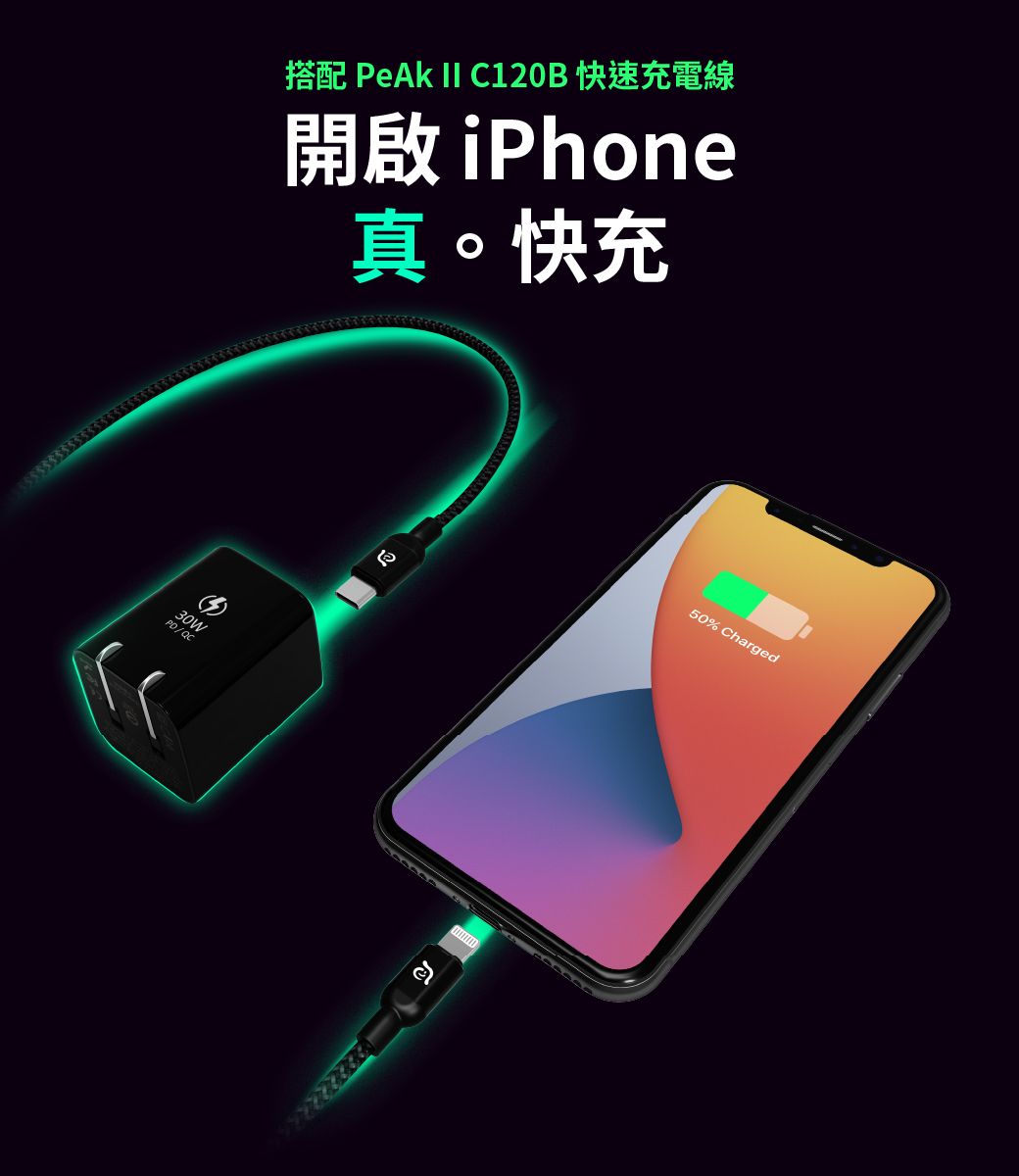 搭配 Pek  C20B 快速充電線開啟 iPhone真。快充1a50% Charged