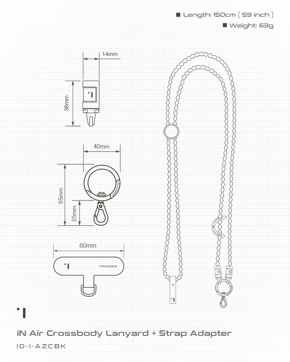 65mm25mm60mmNCODER38mm40mm14mm Air Crossbody Lanyard  Strap AdapterIDIAZCBKLength: 150cm (59 inchWeight: 63g