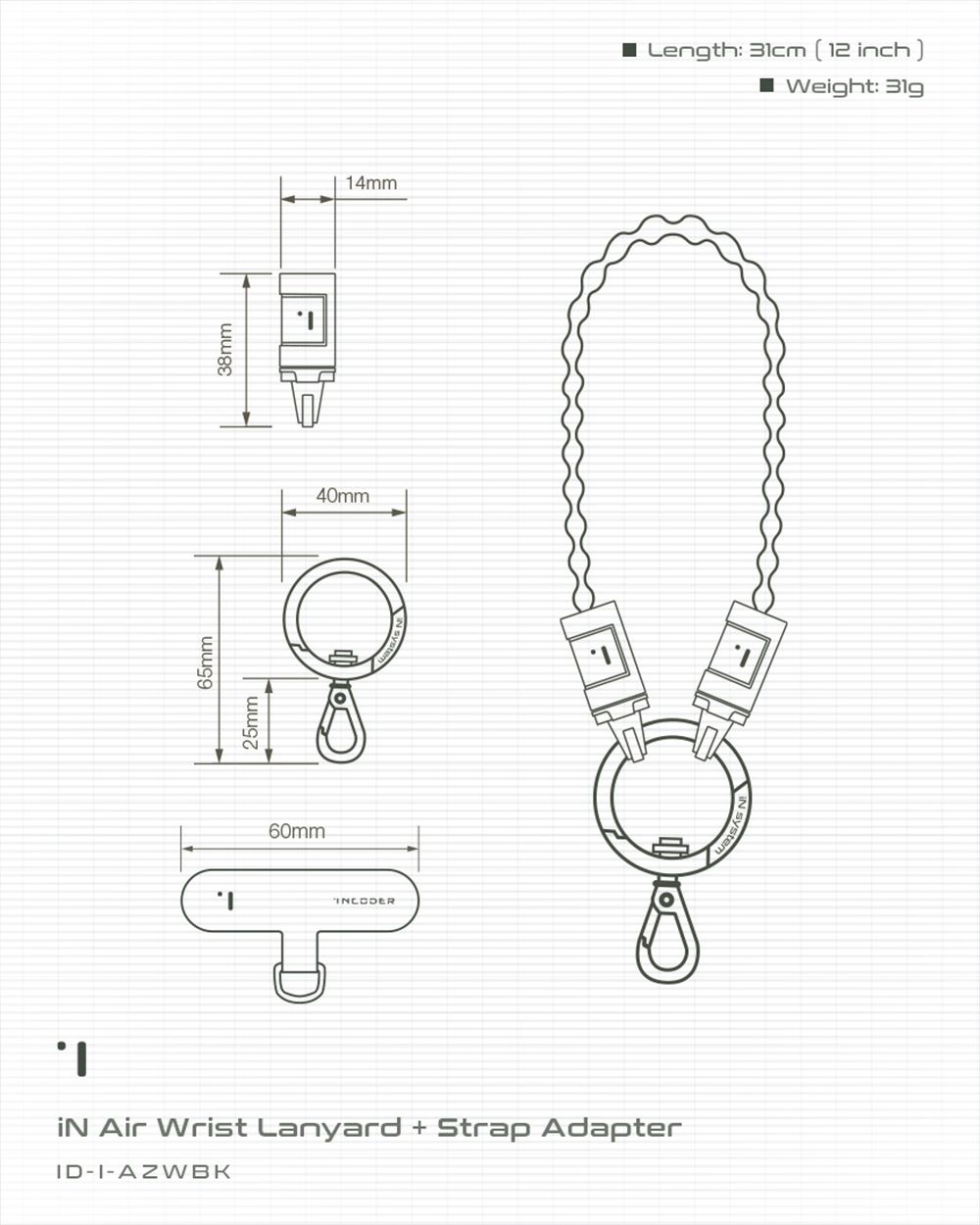 25mm65mm60mmNCODER38mm40mm14mmiN Air Wrist Lanyard  Strap AdapterIDIAZ WBKLength:  (12 inch)Weight: