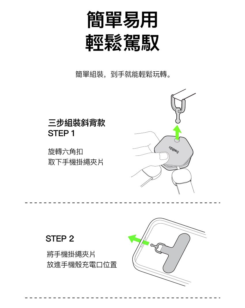 簡單易用輕鬆駕馭簡單組裝,到手就能輕鬆玩轉。三步組裝斜背款STEP 1旋轉六角扣取下手機掛繩片STEP 2將手機掛繩夾片放進手機殼充電口位置