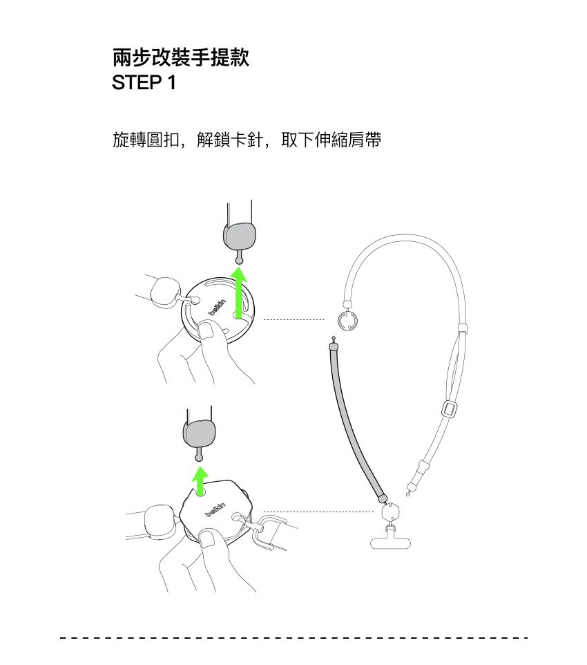 兩步改裝手提款STEP 1旋轉圓扣,解鎖卡針,取下伸縮肩帶