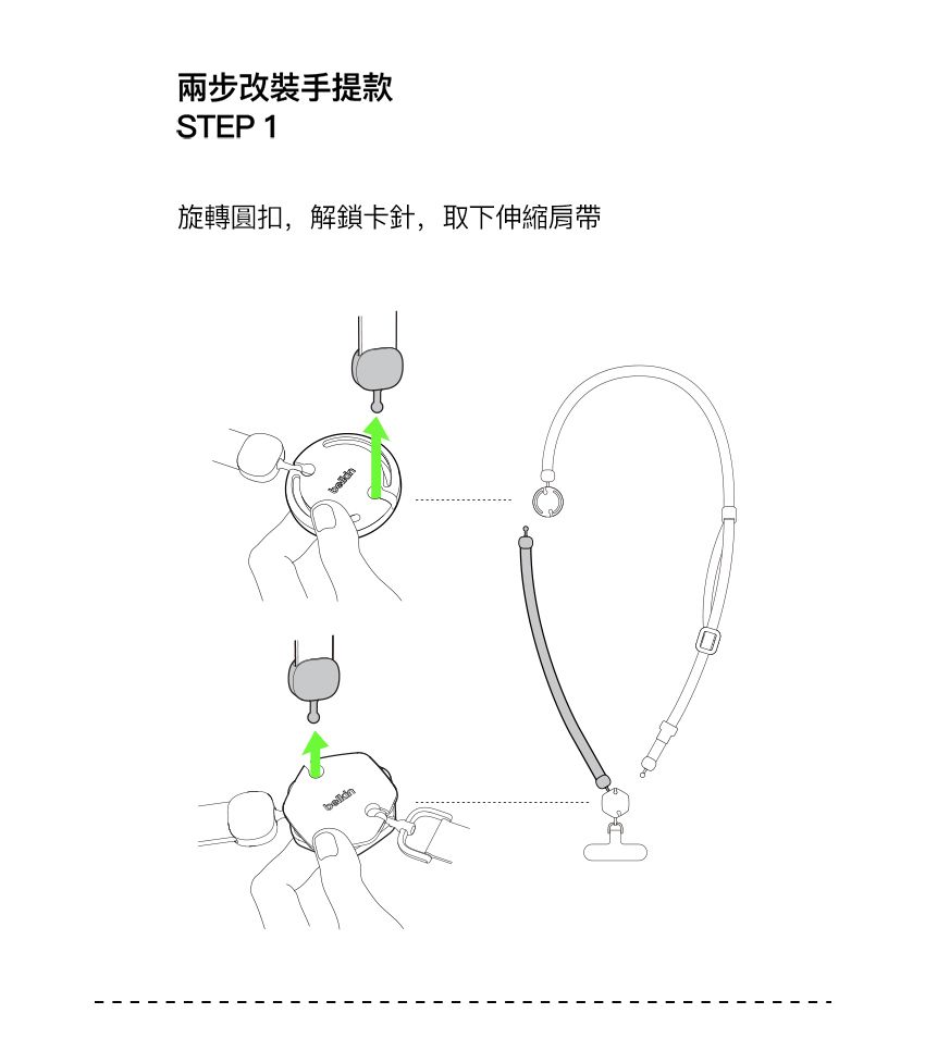 兩步改裝手提款STEP 1旋轉圓扣,解鎖卡針,取下伸縮肩帶