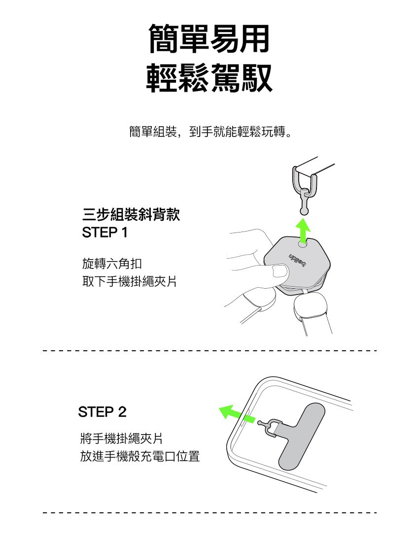 簡單易用輕鬆駕馭簡單組裝,到手就能輕鬆玩轉。三步組裝斜背款STEP 1旋轉六角扣取下手機掛繩片STEP 2將手機掛繩夾片放進手機殼充電口位置