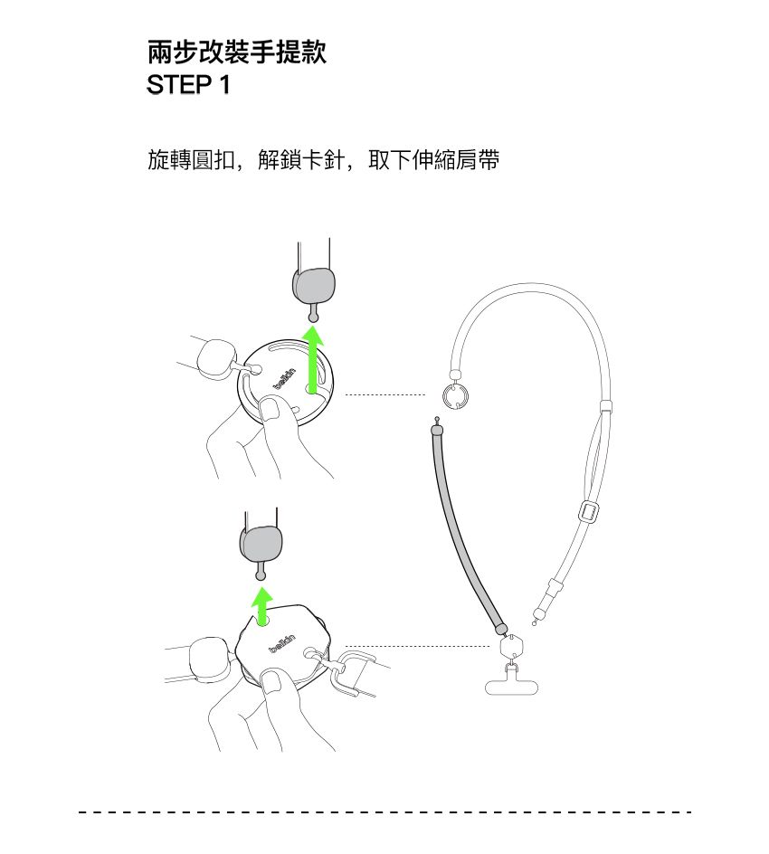 兩步改裝手提款STEP 1旋轉圓扣,解鎖卡針,取下伸縮肩帶