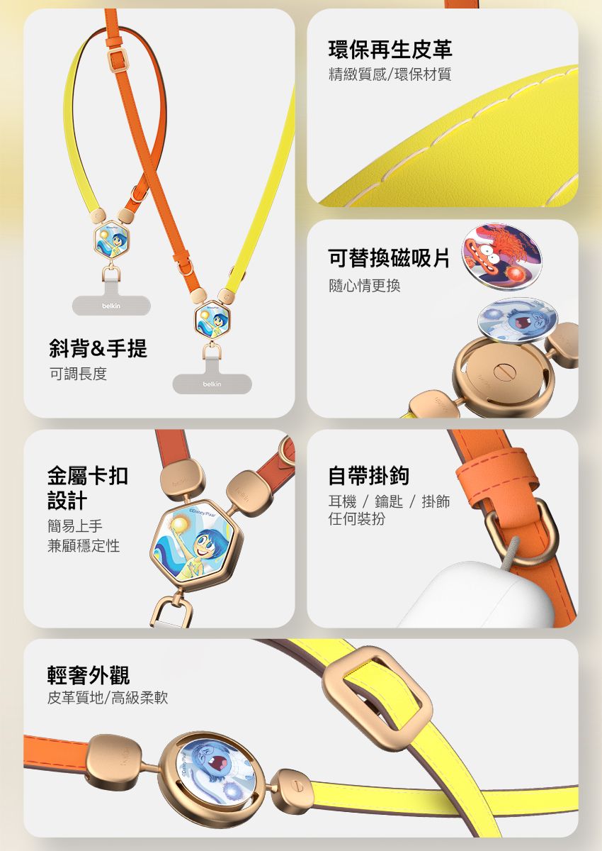斜背&手提可調長度belkin環保再生皮革精緻質感/環保材質可替換磁吸片隨心情更換金屬卡扣設計簡易上手兼顧穩定性自帶掛鉤耳機/鑰匙/掛飾任何輕外觀皮革質地/高級柔軟