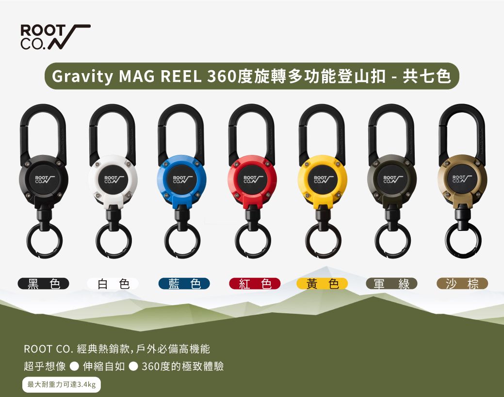 日本ROOT CO. Gravity MAG REEL 360度旋轉多功能登山扣- 共六色