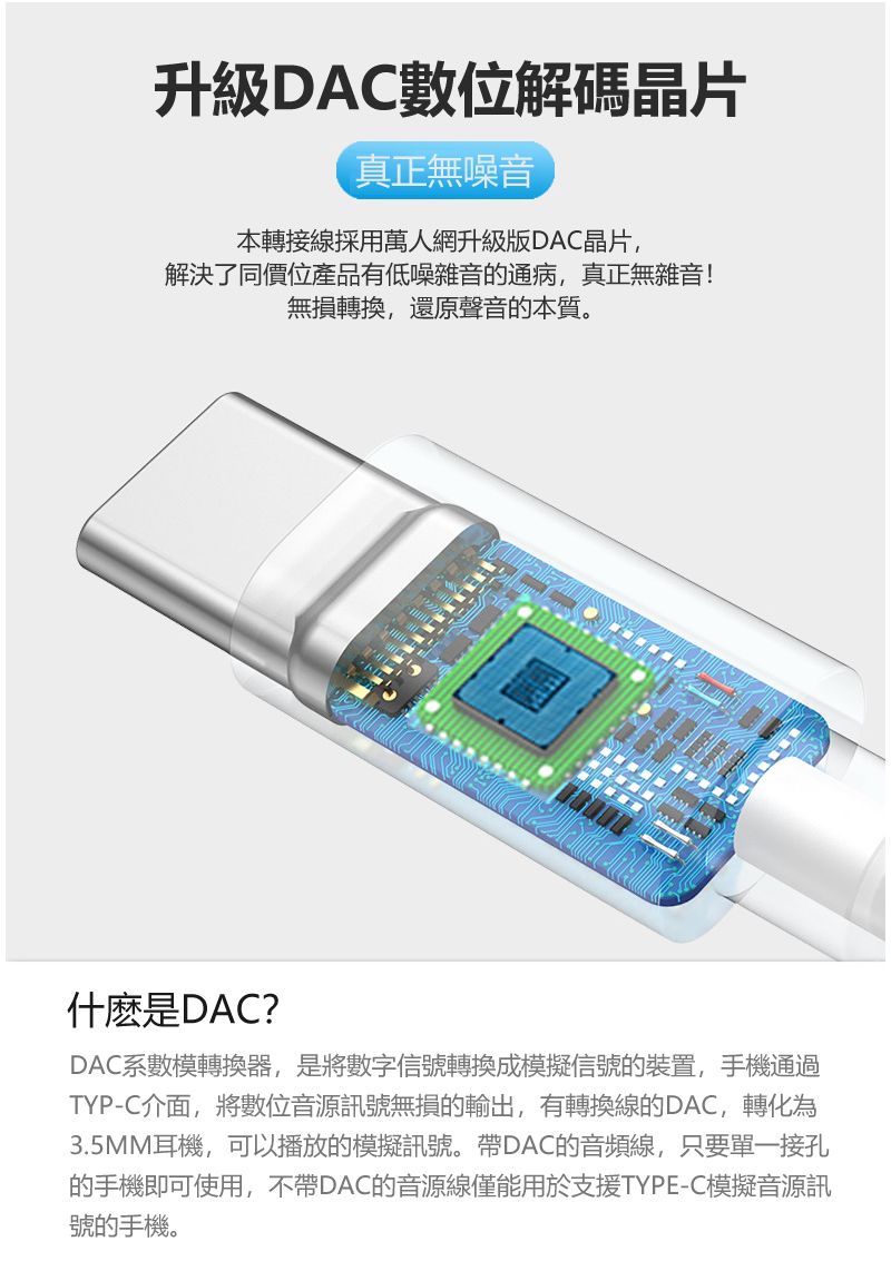 升級DAC數位解碼晶片真正無噪音本轉接線採用萬人網升級版DAC晶片,解決了同價位產品有低噪雜音的通病,真正無雜音!無損轉換,還原聲音的本質什麼是DAC?DAC系數模轉換器,是將數字信號轉換成模擬信號的裝置,手機通過TYP-C介面,將數位音源訊號無損的輸出,有轉換線的DAC,轉化為3.5MM耳機,可以播放的模擬訊號。帶DAC的音頻線,只要單一接孔的手機即可使用,不帶DAC的音源線僅能用於支援TYPE-C模擬音源訊號的手機。