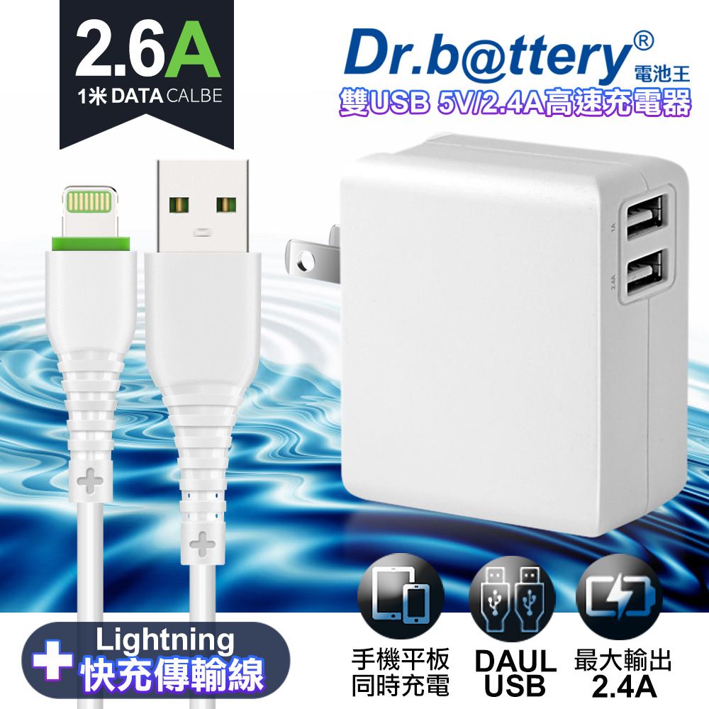 Dr.b@ttery 電池王 通過標檢局安規認證【Dr.battery】 2.4A 雙USB旅充充電器+ iphone XS Max/XR/Xs/i8/i7plus/SE2/SE3/6/6s/AIR2/pro充電線