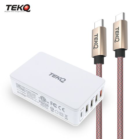 TEKQ 支援快充可替部分筆電充電  Type-C USB 5孔 快充萬用充電器+ uCable Type-C 高速傳輸充電線-120cm