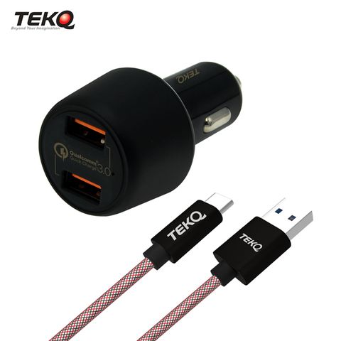 TEKQ 支援QC3.0快充 USB雙孔 QC3.0 車用快速充電器 單孔18W +  uCable Type-C USB 傳輸充電線 120cm