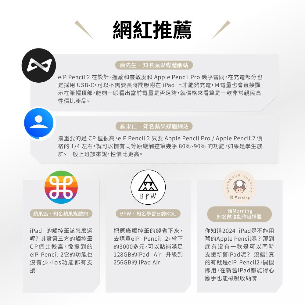 網紅推薦瘋先生知名蘋果媒體網站eiP Pencil 2 在設計、握感和靈敏度和  Pencil Pro 幾乎雷同在充電部分也是採用USB-C,可以不需要長時間吸附在iPad上才能夠充電,且電量也會直接顯示在筆帽頂部,能夠一眼看出當前電量是否足夠,就價格來看算是一款非常親民高性價比產品。蘋果仁知名蘋果媒體網站最重要的是 CP 值很高,eiP Pencil 2 只要 Apple Pencil Pro/ Apple Pencil 2 價格的 1/4 左右,就可以擁有同等原廠觸控筆幾乎80%、90%的功能,如果是學生族群、一般上班族來說,性價比更高。蘋果迷知名蘋果媒體網iPad 的觸控筆該怎麼選呢?其實第三方的觸控筆CP值比較高,像提到的eiP Pencil 2它的功能也沒有少,ios功能都有支援ABPWBPW·知名學習日誌KOL把原廠觸控筆的錢省下來,去購買eiP Pencil 2,省下的3000多元,可以貼補滿足128GB的iPad Air 升級到256GB的 iPad AirUSHRO MorningMorning知名數位創作自媒體你知道2024 iPad是不能用舊的Apple Pencil嗎?那到底有沒有一款是可以同時支援新舊iPad呢? 沒錯!真的有就是eiP Pencil2,開機即用,在新舊iPad都能得心應手也能磁吸收納唷