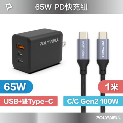 POLYWELL 寶利威爾 65W三孔PD快充組 黑色GaN充電頭+Type-C 100W Gen2充電線 1M