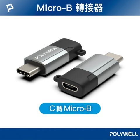 POLYWELL USB Type-C公轉Micro-B母轉接器 鋁殻槍色 含掛繩
