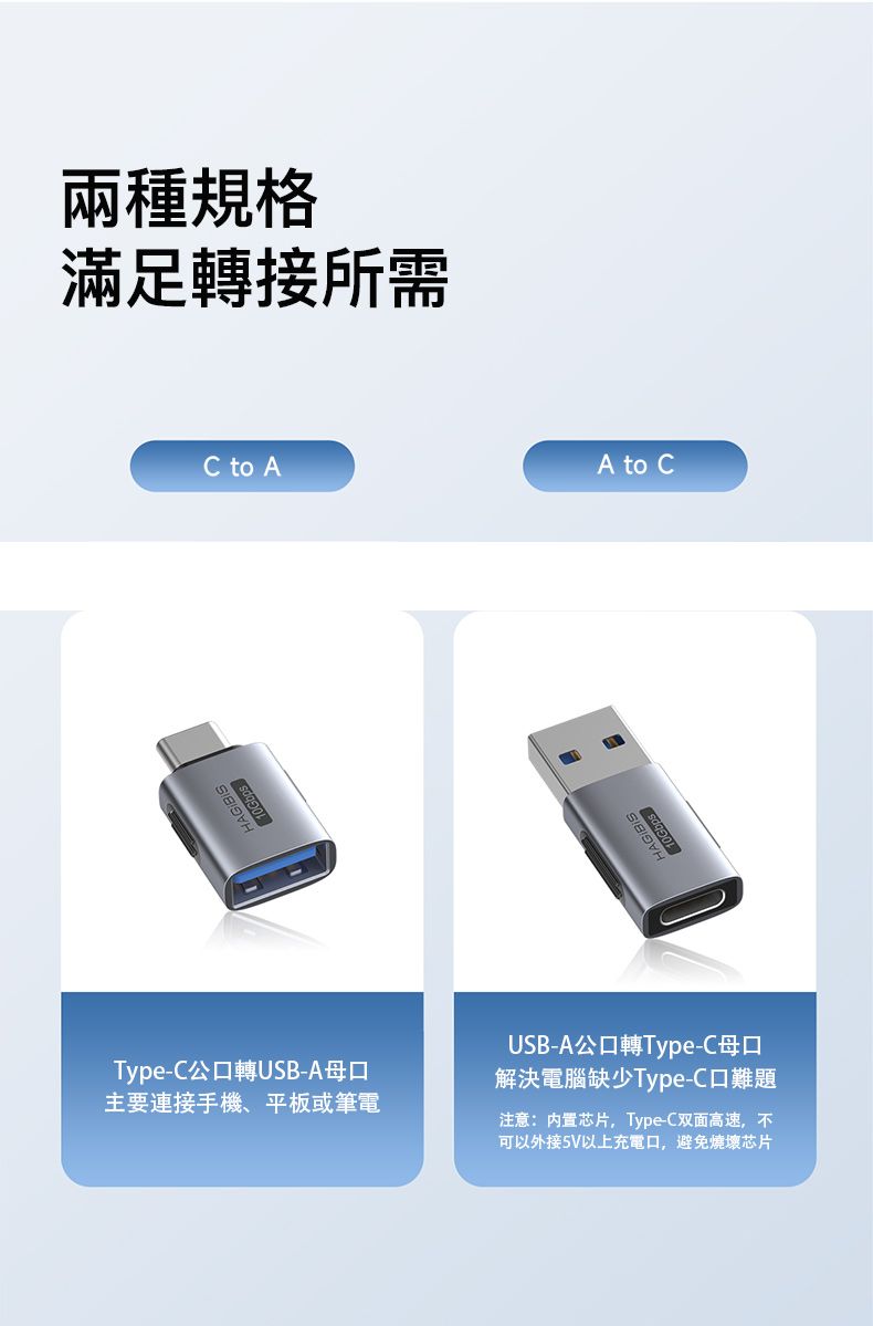 10GbpsType-公轉USB-A口主要連接手機、平板或筆電USB-A公口轉Type-C母口解決電腦缺少Type-C口難題注意:内置芯片,Type-C双面高速,不可以外接5V以上充電口,避免燒壞芯片兩種規格滿足轉接所需C to AHAGIBIS10GbpsA to C
