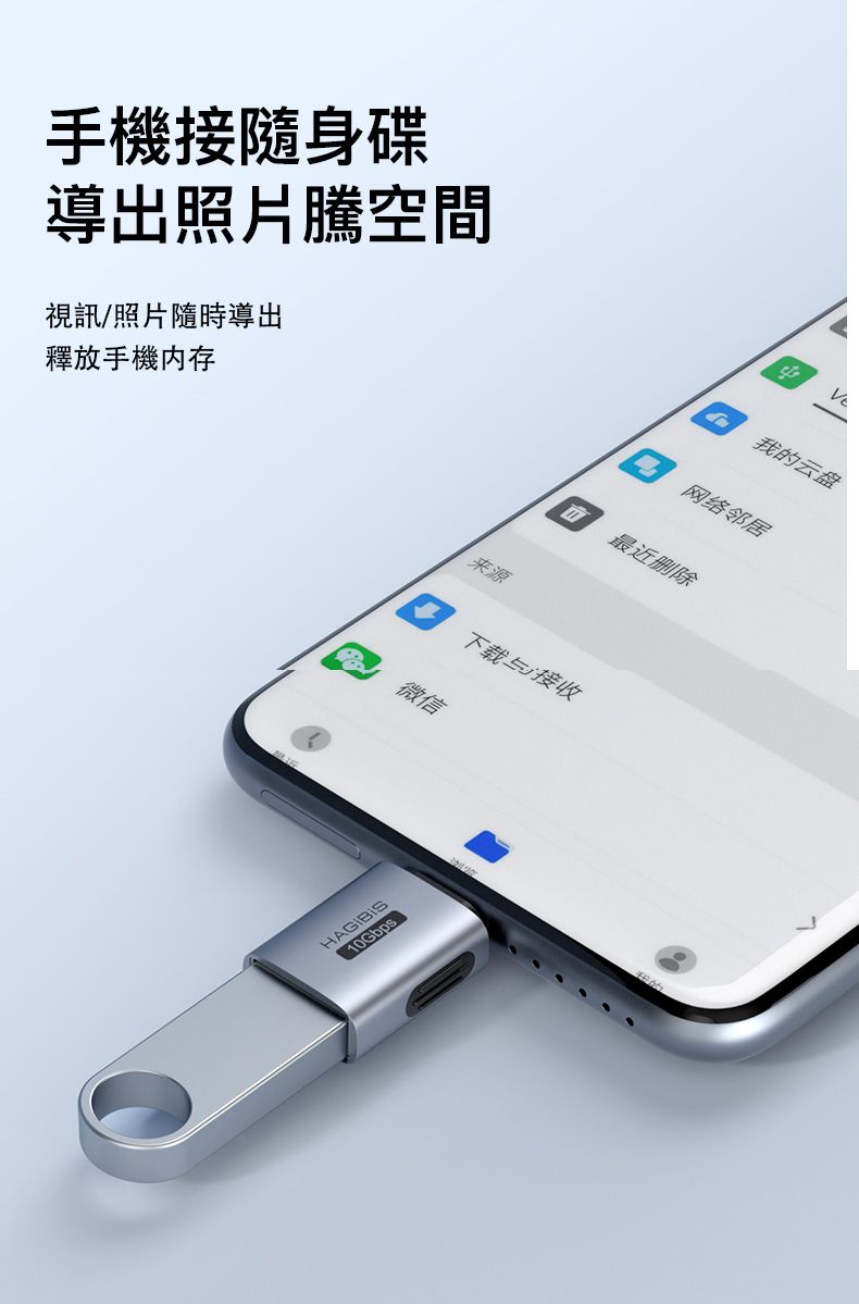 手機接隨身碟導出照片騰空間視訊/照片隨時導出釋放手機內存我的云盘网络邻居最近删除来源下载接收 微信HAGIBIS10Gbps