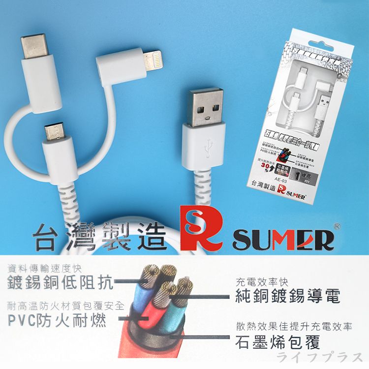 一品川流 micro / Type-c / 蘋果三合一手機石墨烯快充電線-1M-1入 (石墨烯超導體超級快充線)