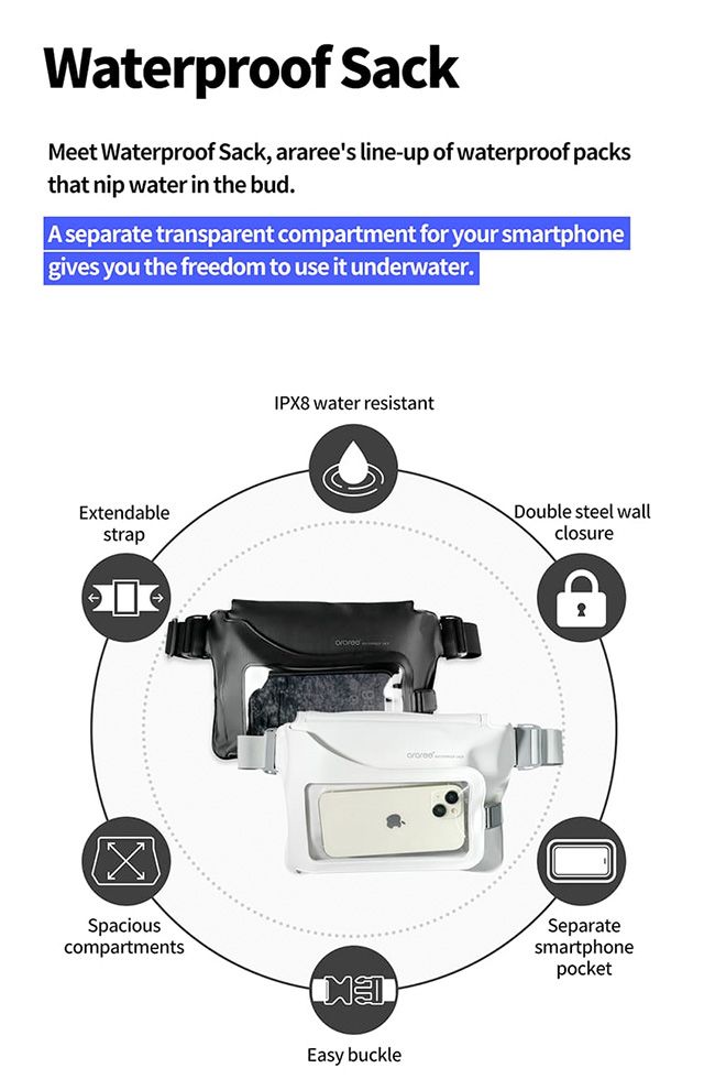Waterproof SackMeet Waterproof Sack, ararees line-up of waterproof packsthat nip water in the bud.A separate transparent compartment for your smartphonegives you the freedom to use it underwater.ExtendablestrapIPX8 water resistantSpaciouscompartmentsEasy buckleDouble steel wallclosureDSeparatesmartphonepocket