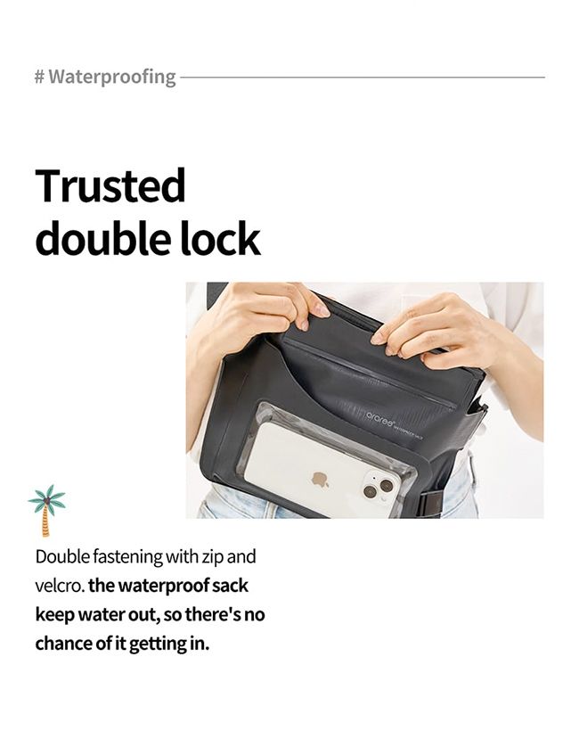 #WaterproofingTrusteddouble lockDouble fastening with zip andvelcro. the waterproof sackkeep water out, so theres nochance of it getting in.