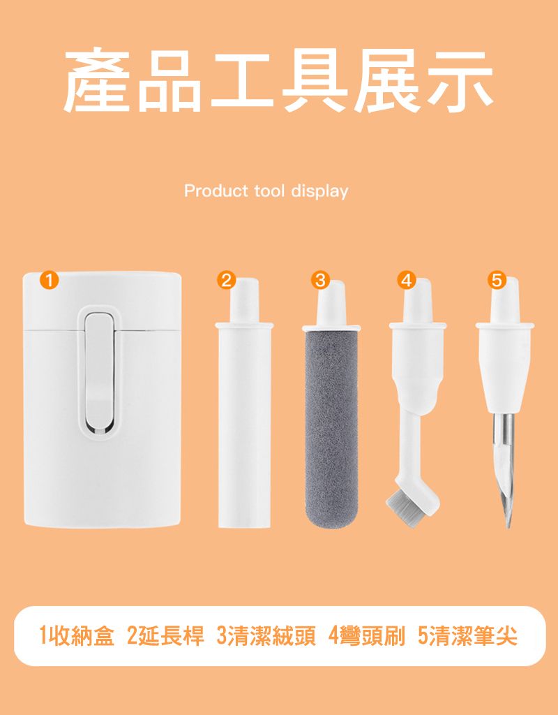 產品工具展示Product tool display1收納盒 2延長 3清潔頭 4刷 5清潔筆尖