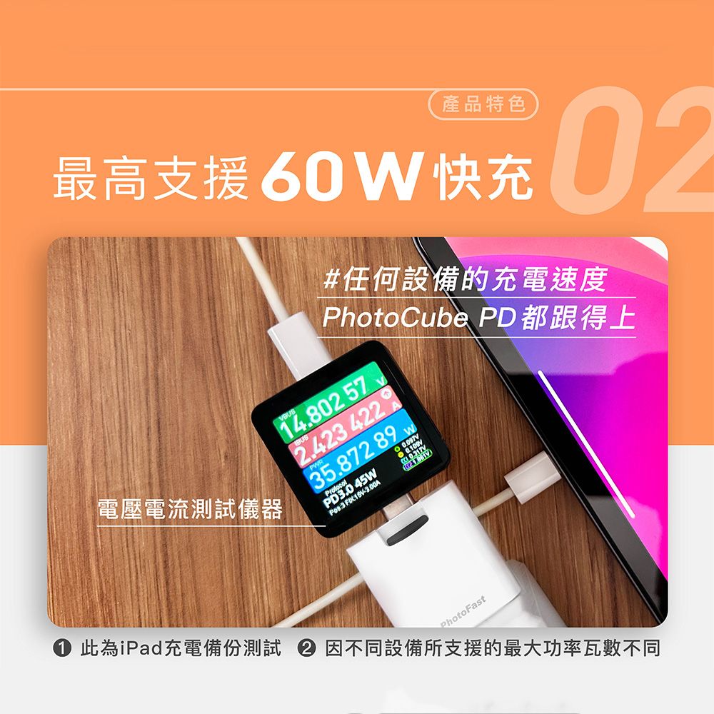 產品特色最高支援 60快充02電壓電流儀器#任何設備的充電速度PhotoCube PD都跟得上14.802 572.423 42235.872 89 WW PhotoFast 此為iPad充電備份測試  因不同設備所支援的最大功率瓦數不同