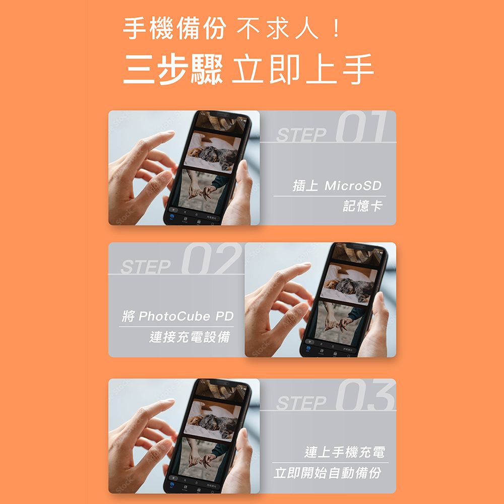 StockStock手機備份 不求人!三步驟 立即上手STEP 01插上 MicroSD記憶卡STEP 02 PhotoCube PD連接充電設備StockSTEP03連上手機充電立即開始自動備份