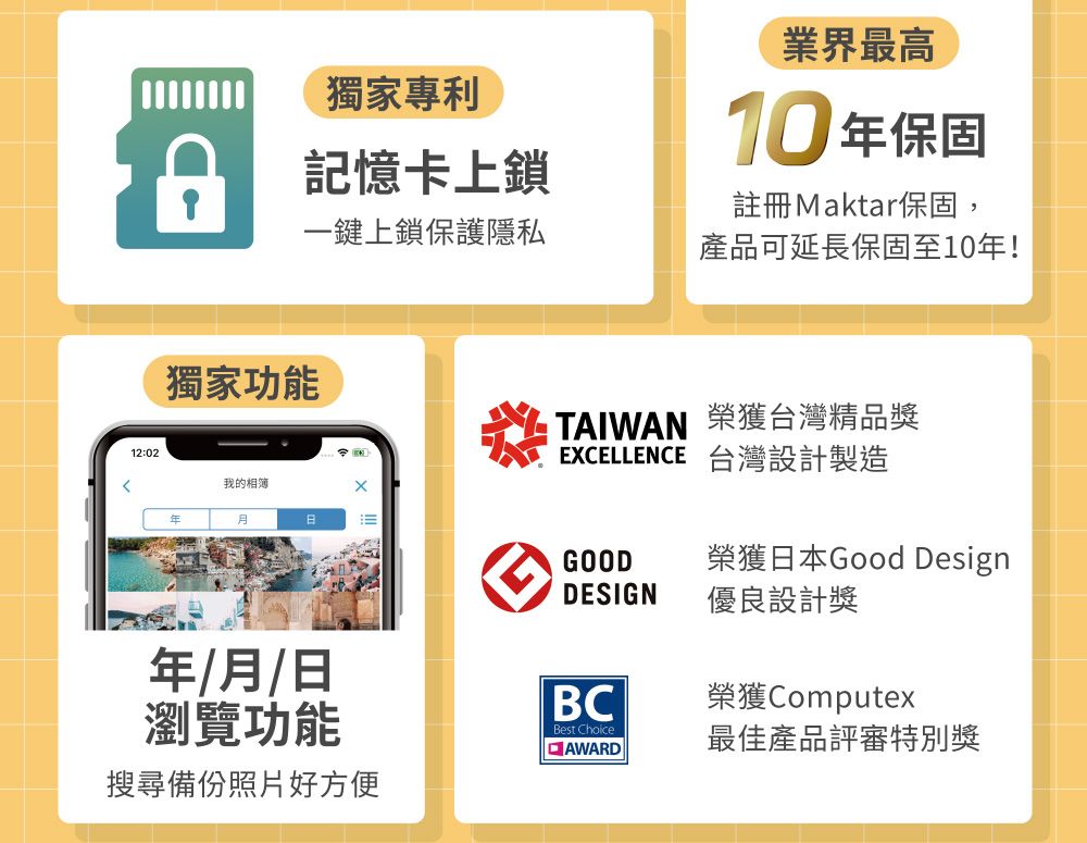 業界最高獨家專利記憶卡上鎖10年保固註冊Maktar保固,一鍵上鎖保護隱私產品可延長保固至10年!獨家功能12:02我的相簿年/月/日瀏覽功能搜尋備份照片好方便TAIWAN 榮獲台灣精品獎EXCELLENCE 台灣設計製造GOOD榮獲日本Good DesignDESIGN優良設計獎BC榮獲ComputexBest ChoiceAWARD最佳產品評審特別獎