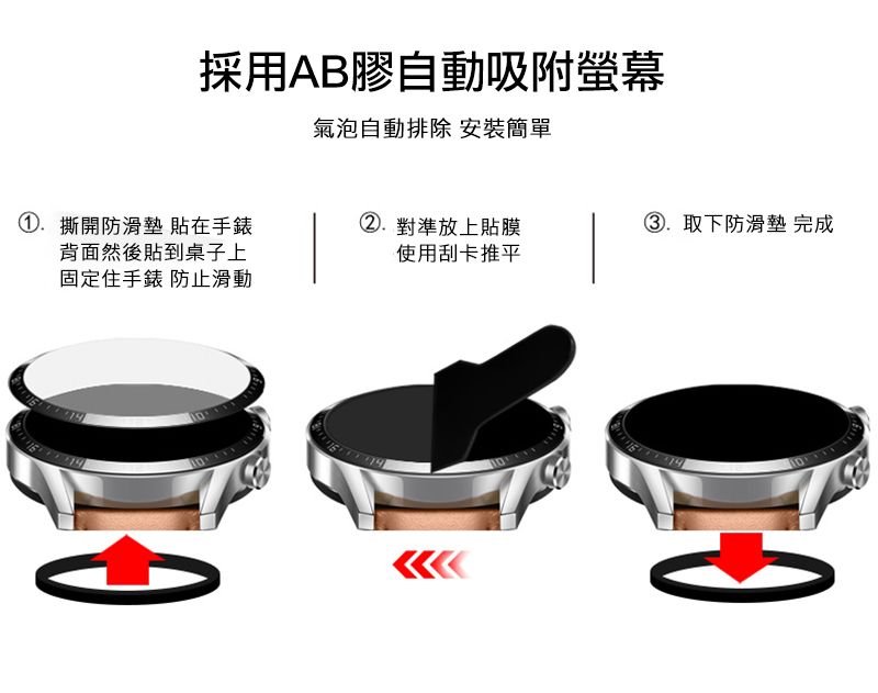 採用AB膠自動吸附螢幕氣泡自動排除 安裝簡單. 撕開防滑墊 貼在手錶背面然後貼到桌子上固定住手錶 防止滑動. 對準放上貼膜③. 取下防滑墊 完成使用刮卡推平