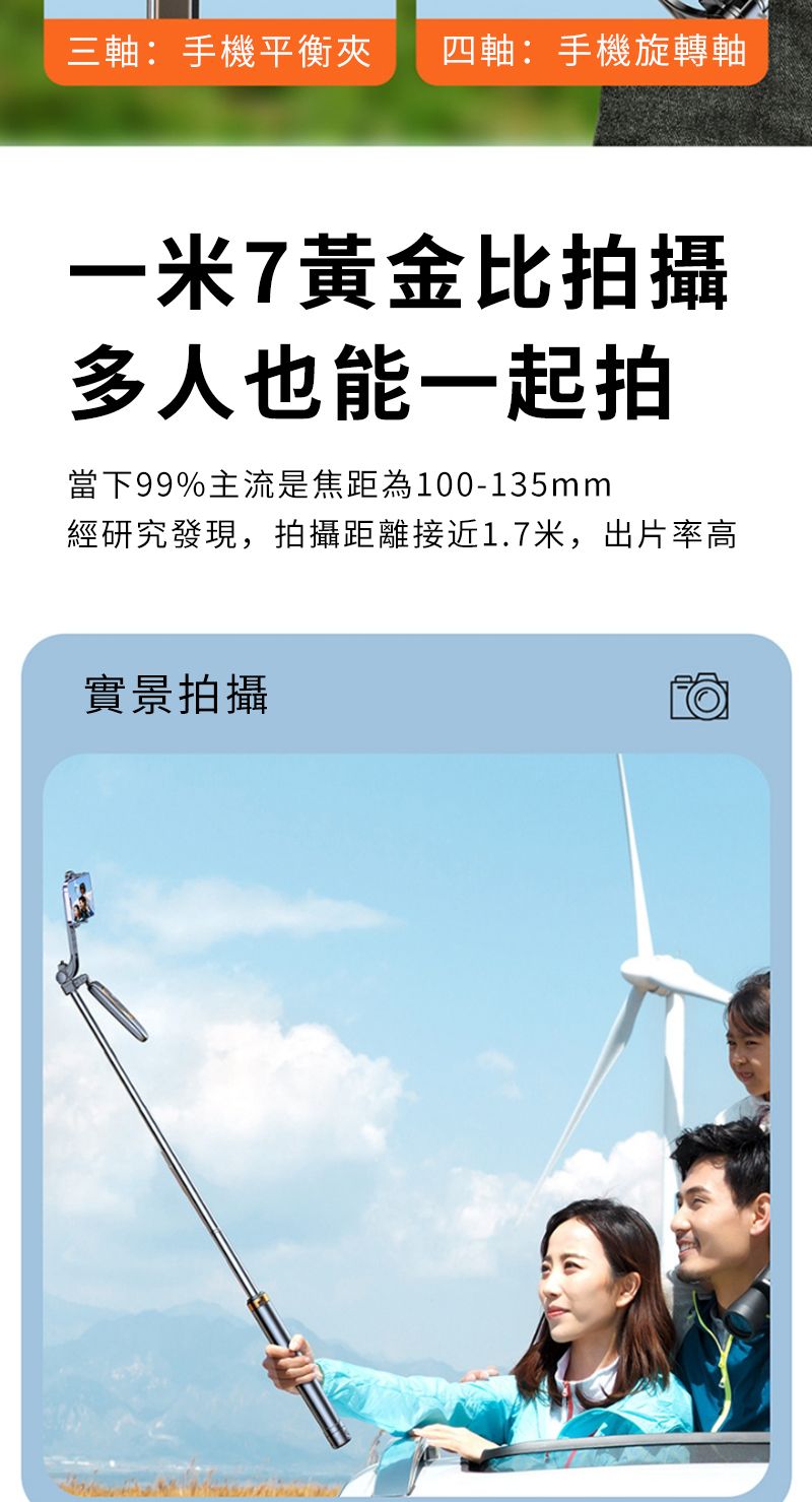 三軸:手機平衡夾 四軸:手機旋轉軸一米7黃金比拍攝多人也能一起拍當下99%主流是焦距為100-135mm經研究發現,拍攝距離接近1.7米,出片率高實景拍攝