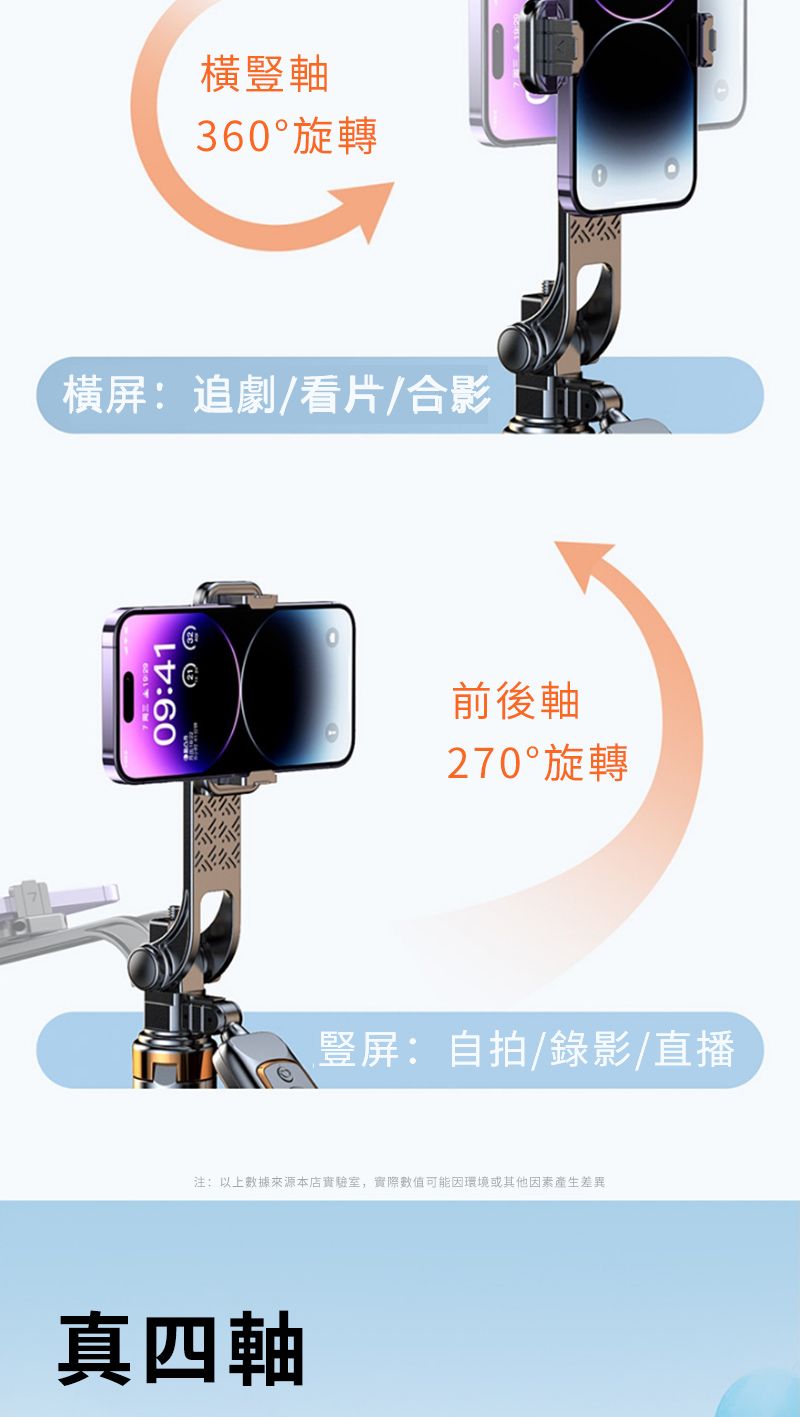 橫豎軸360°旋轉橫屏:追劇/看片/合影 09:41前後軸270°旋轉豎屏:自拍/錄影/直播注:以上數據來源本店實驗室,實際數值可能因環境或其他因素產生差異真四軸