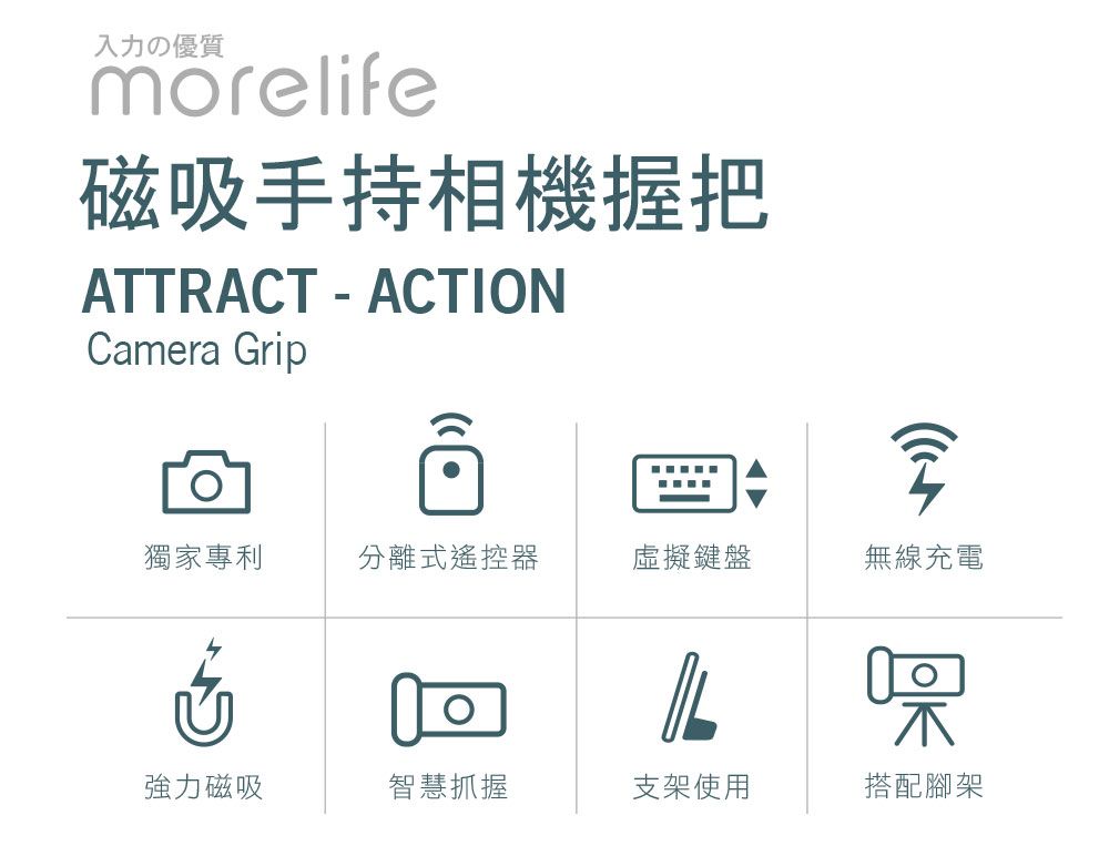 入力の優morelife磁吸手持相機握把ATTRACT  ACTIONCamera Grip獨家專利分離式遙控器虛擬鍵盤無線充電強力磁吸智慧抓握支架使用搭配腳架