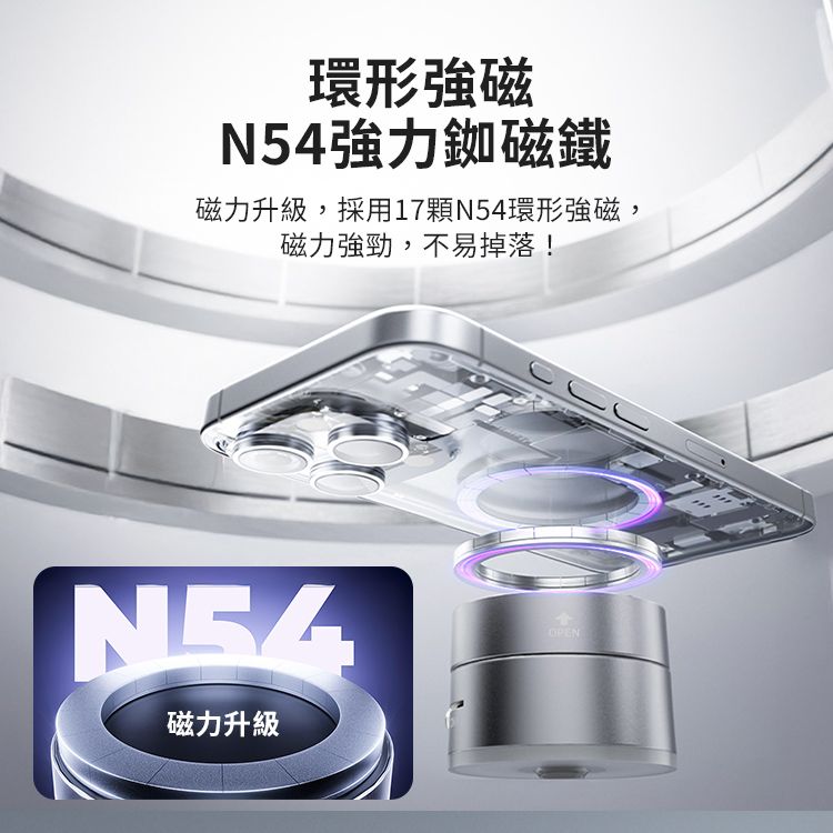 環形強磁N54強力銣磁鐵磁力升級,採用17顆N54環形強磁,磁力強勁,不易掉落!N54磁力升級OPEN