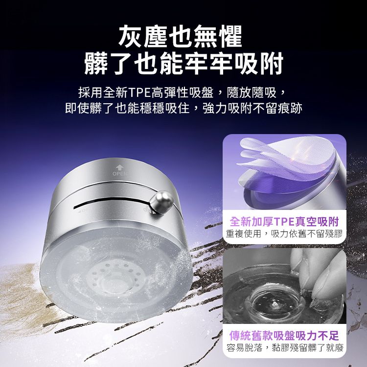 灰塵也無懼髒了也能牢牢吸附採用全新TPE高彈性吸盤,隨放隨吸,即使髒了也能穩穩吸住,強力吸附不留痕跡OPEN全新加厚TPE真空吸附重複使用,吸力依舊不留殘膠傳統舊款吸盤吸力不足容易脫落,黏膠殘留髒了就廢