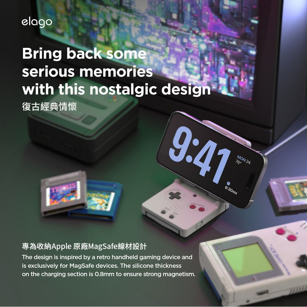 elagoBring back someserious memorieswith this nostalgic design復古經典情懷9:41MON 246:30AM專為收納Apple 原廠MagSafe線材設計The design is inspired by a retro handheld gaming device andis exclusively for MagSafe devices. The silice thicknesson the charging section is 0.8mm to ensure strong magnetism. BOY