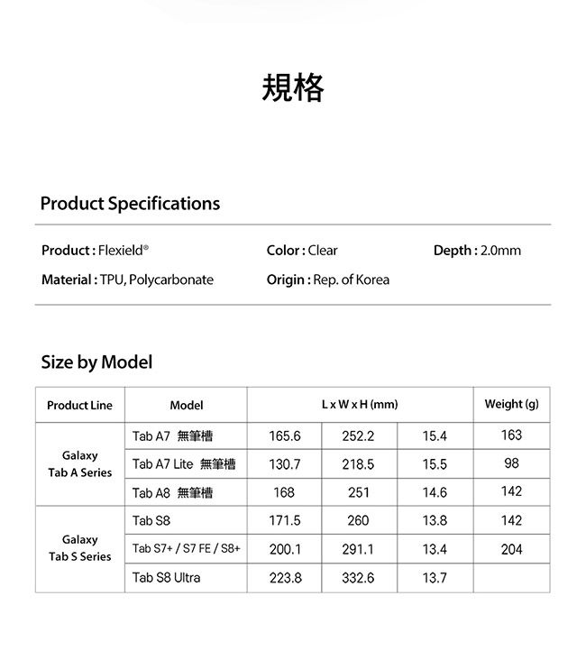 Product SpecificationsProduct Flexield®Material TPU, PolycarbonateSize by Model規格Color ClearDepth: 2.0mmOrigin: Rep. of KoreaProduct LineModelLxWxH (mm)Weight (g)Tab A7 無筆槽165.6252.215.4163GalaxyTab A7 Lite130.7218.515.598Tab A SeriesTab A8 無筆槽16825114.6142Tab S8171.526013.8142GalaxyTab S7+ / S7 FE/S8+200.1291.113.4204Tab S SeriesTab S8 Ultra223.8332.613.7