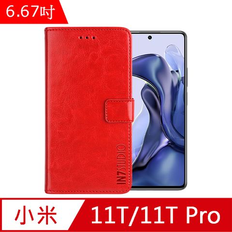 IN7 瘋馬紋 小米 11T/11T Pro (6.67吋) 錢包式 磁扣側掀PU皮套 吊飾孔 手機皮套保護殼-紅色