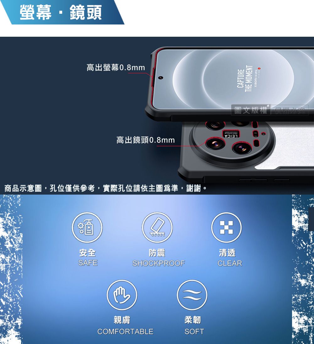 螢幕鏡頭高出螢幕0.8mmCAPTURETE MOMENT 高出鏡頭0.8mm圖文版權 商品示意圖,孔位僅供參考,實際孔位請依主圖爲準,謝謝。H安全防震清透SAFE親膚SHOCKPROOFCOMFORTABLE柔韌SOFTCLEAR
