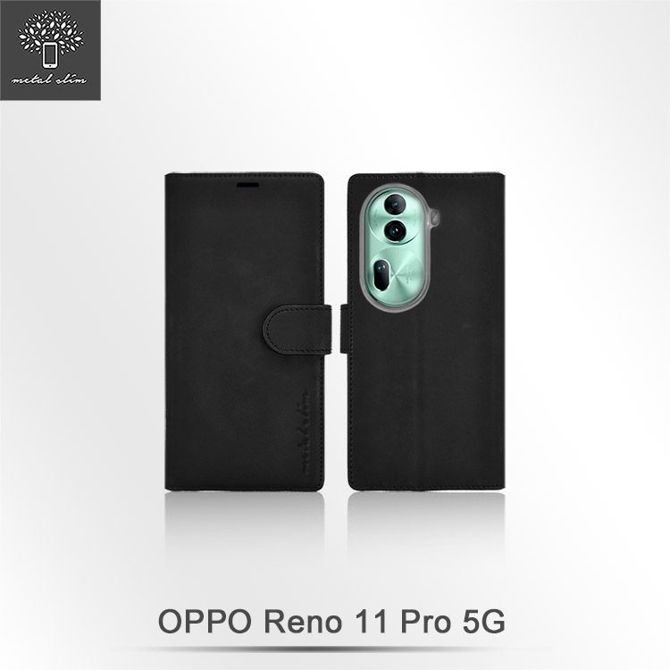 Metal-Slim OPPO Reno 11 Pro 5G 高仿小牛皮前扣磁吸內層卡夾皮套